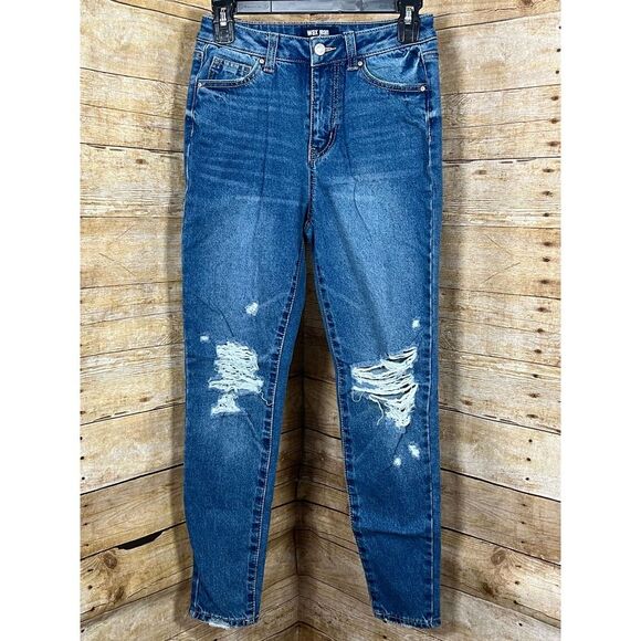 WAX JEANS DISTRESSED MID-RISE STRETCH RAW HEM CLASSIC CASUAL EVERYDAY JEANS - Picture 1 of 5